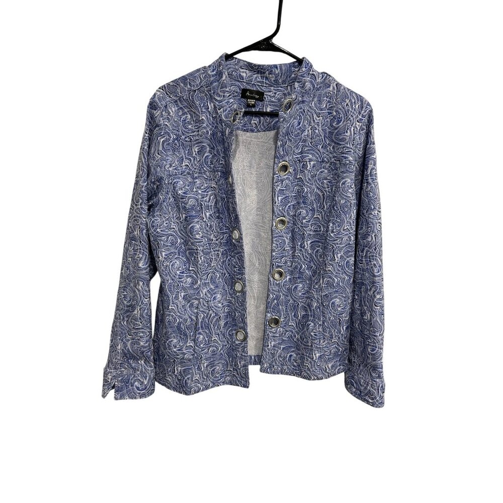 Analogy Womens Blue and White Printed Jacket with Grommet Details SZ Extra Large